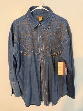 Western Embroidered Pearl Snap Denim Shirt - Blue with Gold Stitching